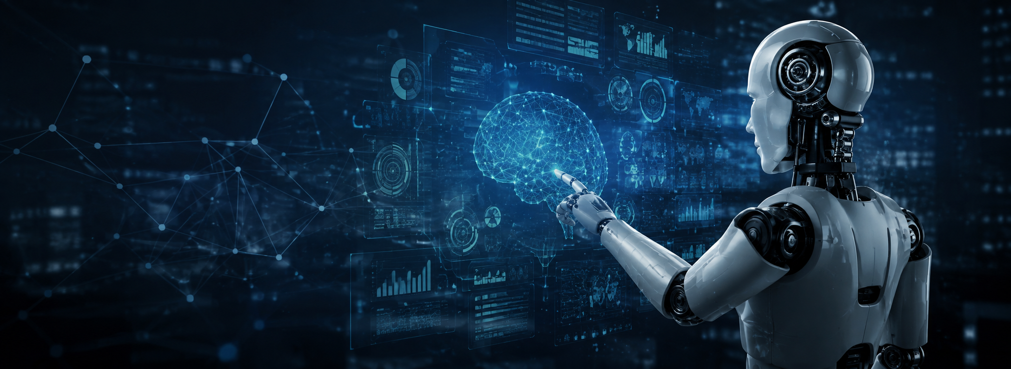 Inteligência Artificial com robô humanoide e tecnologia digital